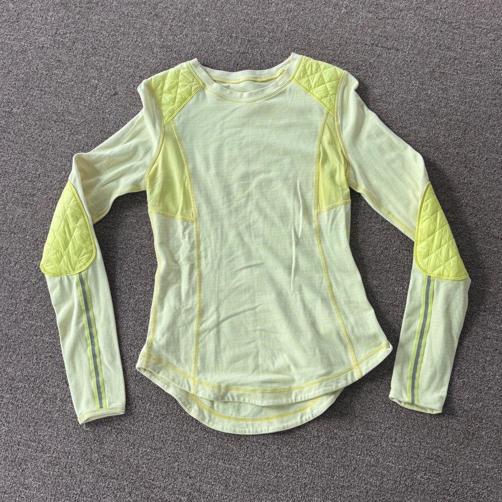 Lululemon‎ Lime Green Striped Long Sleeve Running Top Quilted Elbow Patches